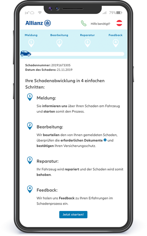 Schadenstatus Tracker Smartphone Screenshot, beschreibt alle 4 Schritte für Schadenmeldung