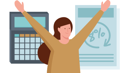 woman cheering in front of calculaor