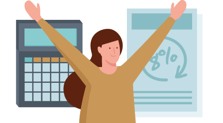 woman cheering in front of calculaor